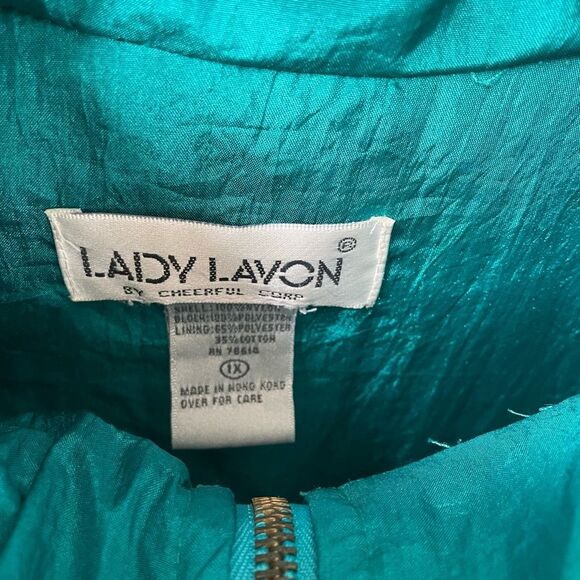 Vintage 90s 94 Lady Lavon Teal Satin Print Winderbreaker Jacket 1X - Picture 10 of 11